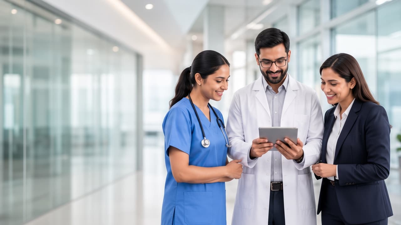 Illustration of healthcare professionals in a hospital corridor. Not Kalyan Mitraa staff.