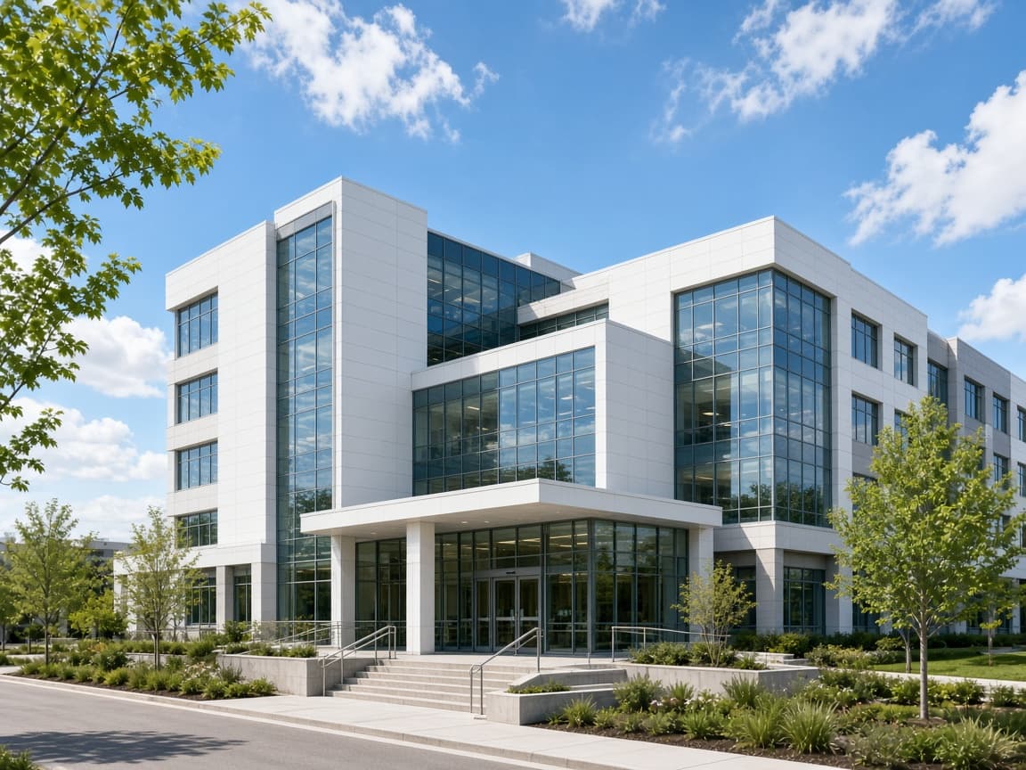 Illustration of a modern clinic building. Not a Kalyan Mitraa workplace.