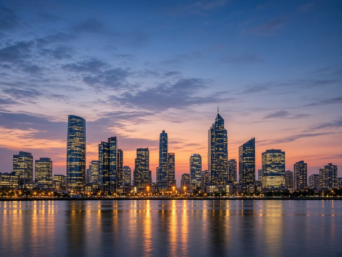 Illustration of a city skyline. Not an active Kalyan Mitraa office.